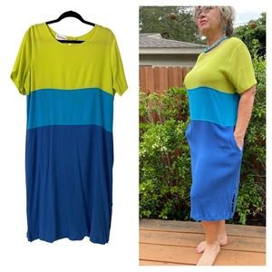 Vintage Diane Von Furstenberg Dress Sheath Colorblock Turquoise Blue Lime Green